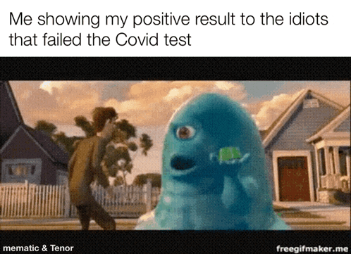 a meme shows a blue monster talking to a man in front of houses