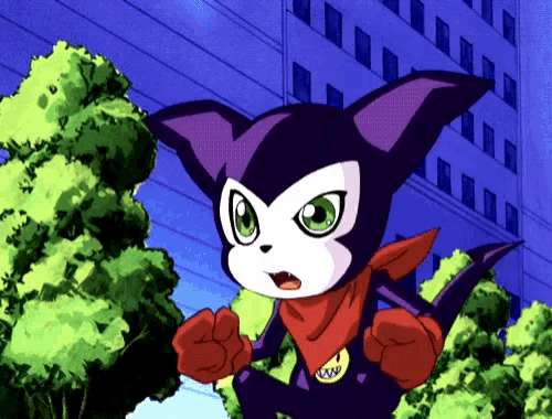 a cartoon character with a red scarf around his neck is standing in front of a building and trees