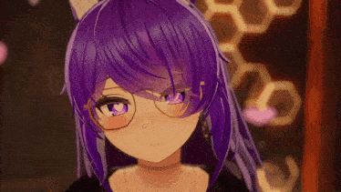 a girl with purple hair and glasses is wearing a choker around her neck