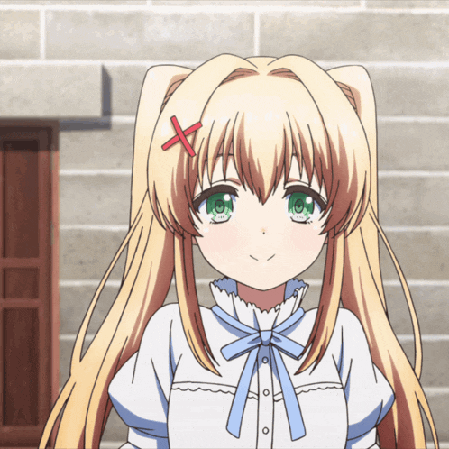 a girl with blonde hair and green eyes has a red cross in her hair