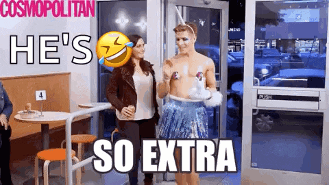a man without a shirt is walking with a woman in front of a sign that says he 's so extra .