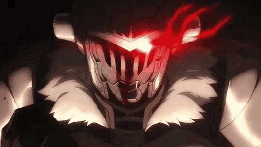 a close up of a goblin slayer with red eyes and blood on his face .