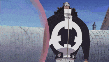 a cartoon character with a large circle on his torso