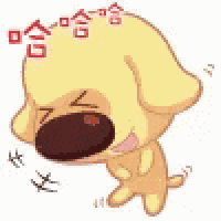 a cartoon dog is sitting down with its eyes closed and a red nose .