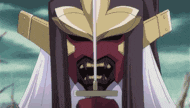 a cartoon character is wearing a mask with a sword in his mouth .