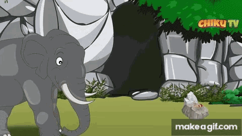 a cartoon of an elephant standing next to a rock with the words make a gif.com on the bottom right