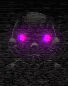 a cartoon character with purple eyes is glowing in the dark