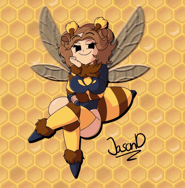 a drawing of a girl dressed as a bee with the name jasond written below her
