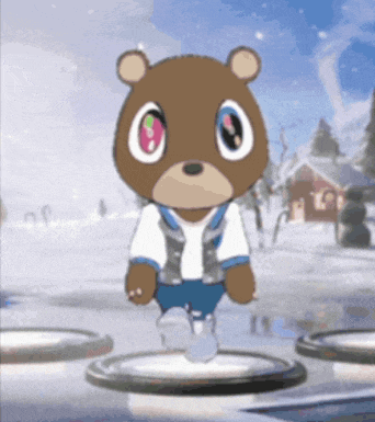 a brown teddy bear wearing a white sweater and blue jeans