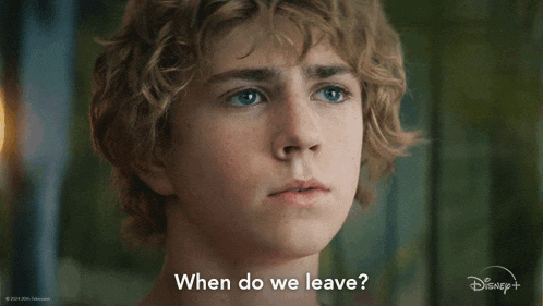 a close up of a person 's face with the words " when do we leave " on the bottom