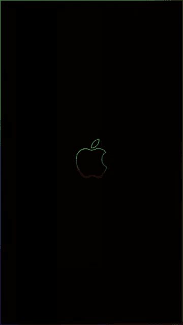 the apple logo is glowing in the dark on a black background with a rainbow border .