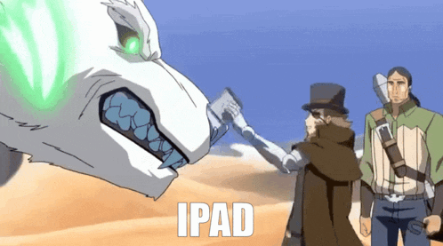 a man in a top hat is shaking hands with a dragon and the word ipad is visible