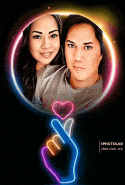 a photo of a man and a woman with a neon hand making a heart