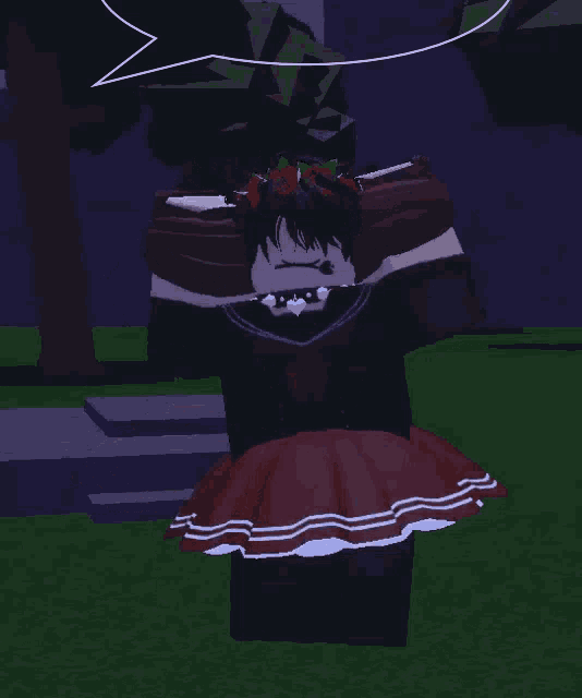 a girl in a red skirt is standing in the grass with her hands on her head