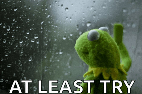 kermit the frog is looking out a window with the words at least try written below him