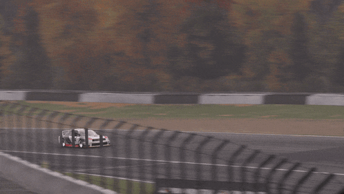 a white car is driving down a race track with trees in the background