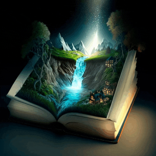 an open book with a waterfall and mountains in the background
