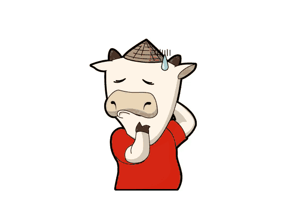 a cartoon cow wearing a hat and a red shirt is surrounded by blue question marks