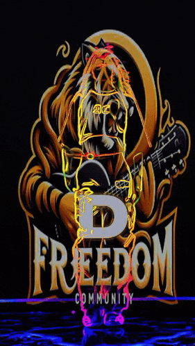 a logo for the freedom community shows a lion playing a guitar