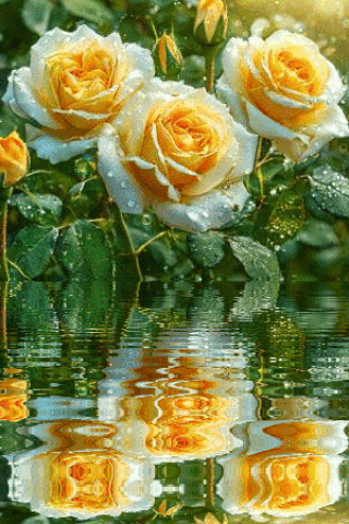 yellow and white roses are reflected in the water .