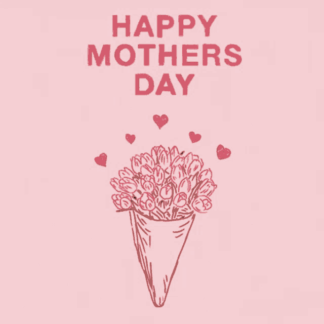 a happy mother 's day greeting card with a cone filled with pink flowers and hearts