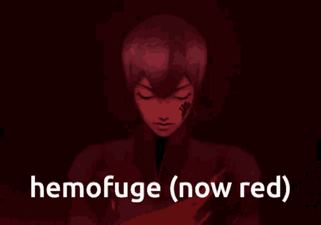 a red haired anime character with the words hemofuge ( now red ) below him