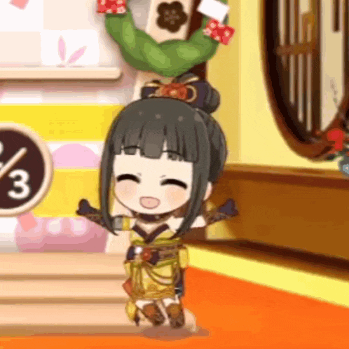 a cartoon girl is standing in a room with a wreath hanging from the wall .