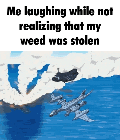 a helicopter is flying over the ocean with the caption " me laughing while not realizing that my weed was stolen " .
