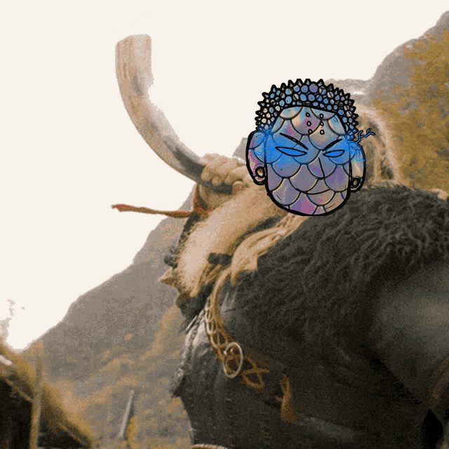 a drawing of a person with horns and a blue mask on their face