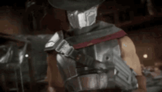a man wearing a mask and armor is standing in a dark room in a video game .