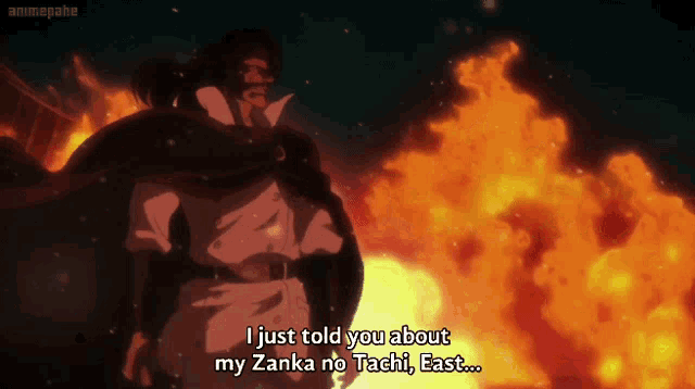 a man stands in front of a fire and says " i just told you about my zankano tachi east "