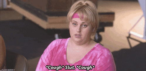 a woman in a pink shirt says " cough slut cough * "