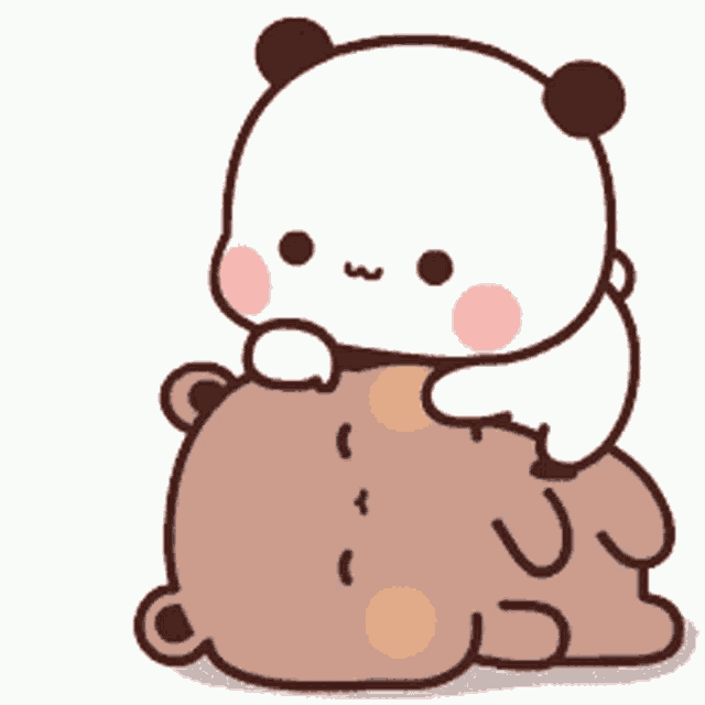 a cartoon panda is sitting on top of a brown bear .