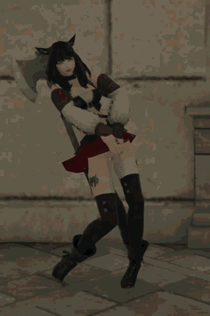 a video game character holding a red sword