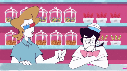 a cartoon of a man wearing 3d glasses talking to another man in front of jars of candy