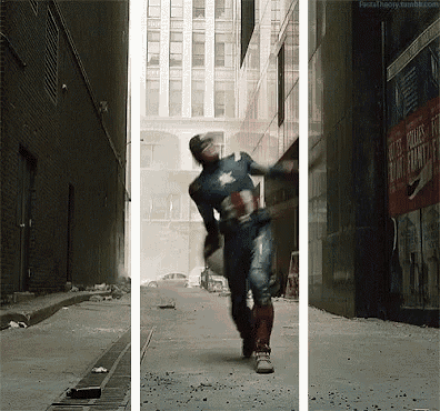 a man in a captain america costume is running down an alley