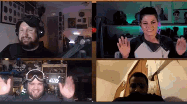 a group of people are having a video call with a sign that says star wars on it