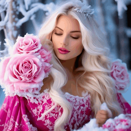 a woman in a pink dress holds pink roses
