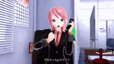 a pink haired anime girl is talking on a phone