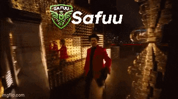 a man in a red suit is dancing in a dark room with the words safuu on the bottom .