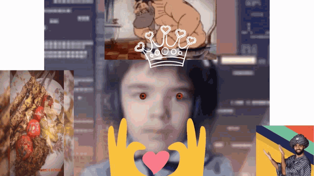 a boy with a crown on his head is surrounded by pictures of food
