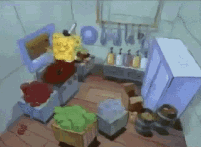 a cartoon drawing of a kitchen with spongebob squarepants