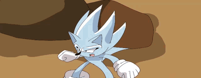 a cartoon drawing of a sonic the hedgehog standing in the sand