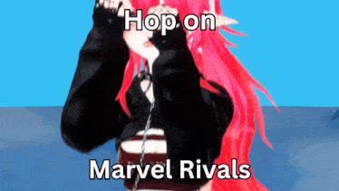 a picture of a girl with red hair and the words hop on marvel rivals on the bottom