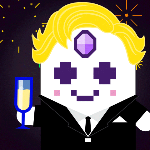 a cartoon character in a suit holds a glass of champagne