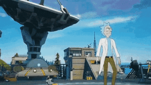 a cartoon character is standing in front of a large satellite dish .