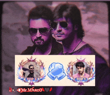 two men wearing sunglasses are standing next to each other with a top 3 and top 1 badge