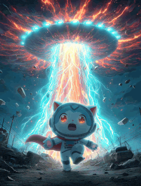 a cat in a space suit is standing in front of an ufo