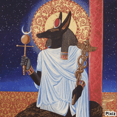 a painting of an anubis holding a staff and a crescent moon