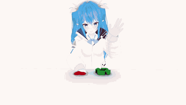 a girl with blue hair is sitting at a table with red and green buttons
